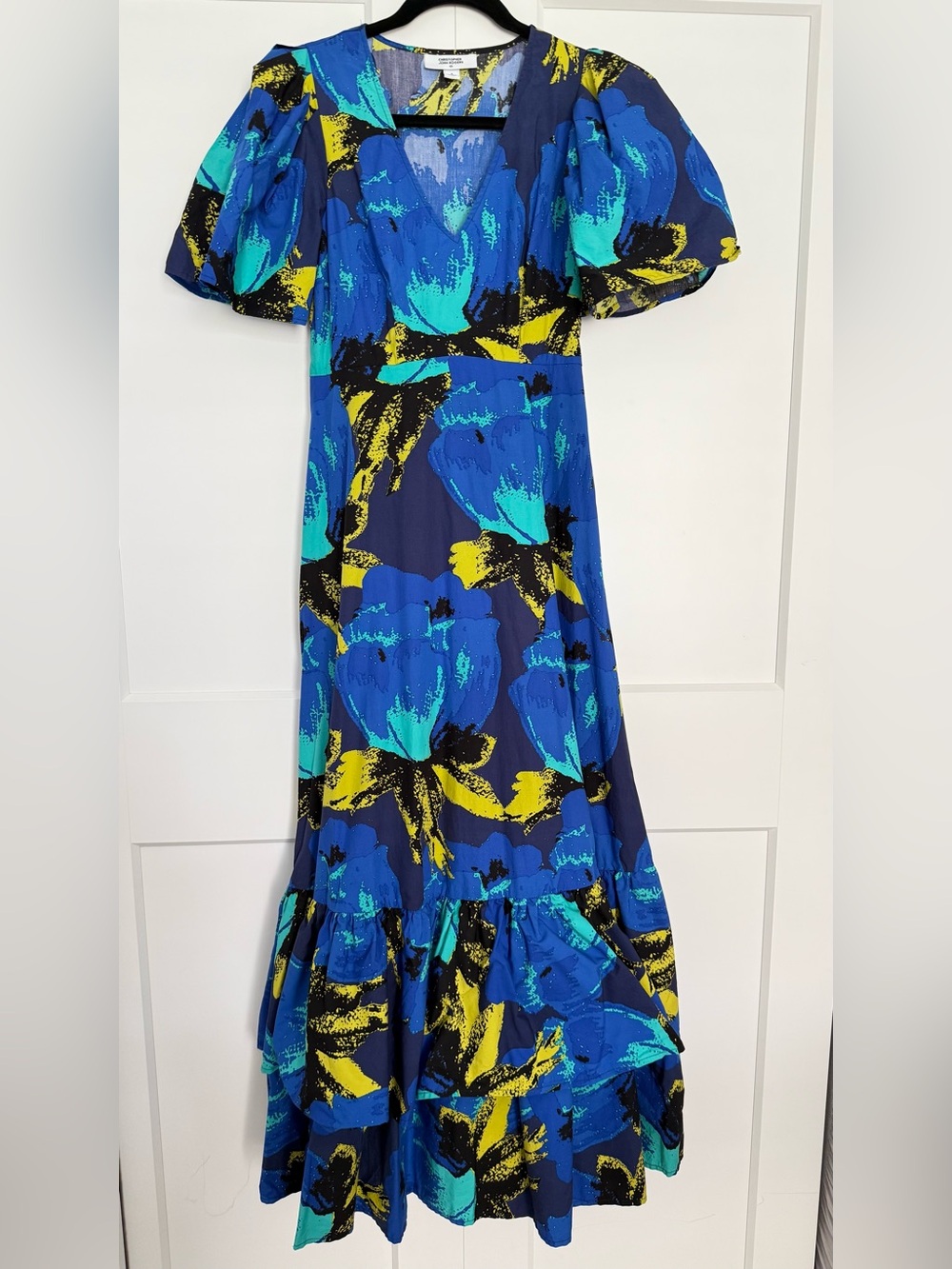 Women’s Blue Floral Maxi Dress with Puff Sleeves